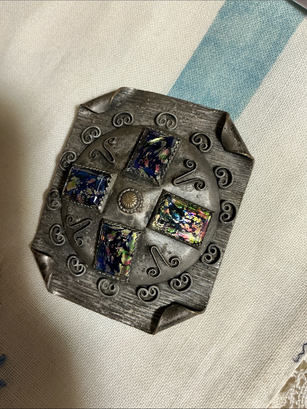 Silver-tone vintage dress clip with Iridescent Inlay. Very unique and old .